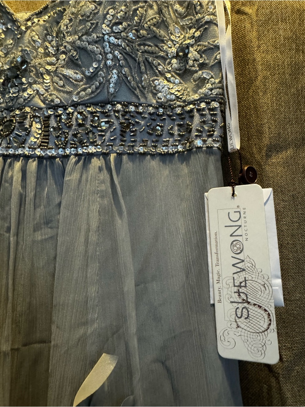Sue Wong Silver-Gray Embellished Midi Dress with Floral Appliqué - Picture 2 of 6